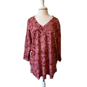 NWOT Floral V Neck 3/4 Sleeve Cotton Tunic Women's 2X Terra Cotta Boho Staple